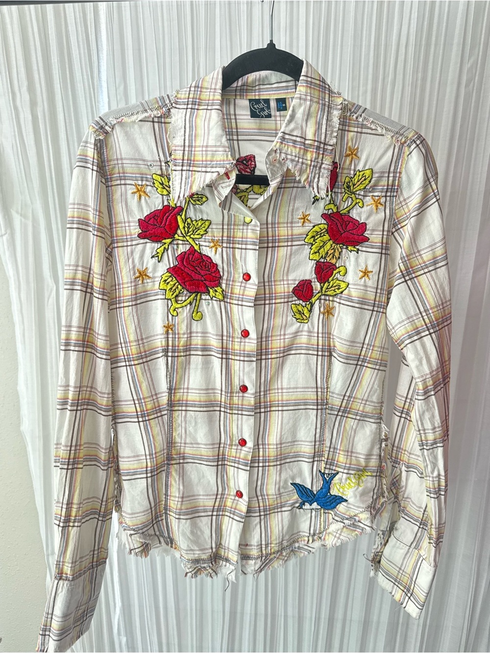 Cruel Girl Plaid Floral Embroidered Button-Up in White, Red, Yellow